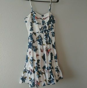 Floral butterfly print ruffle hem strap sundress